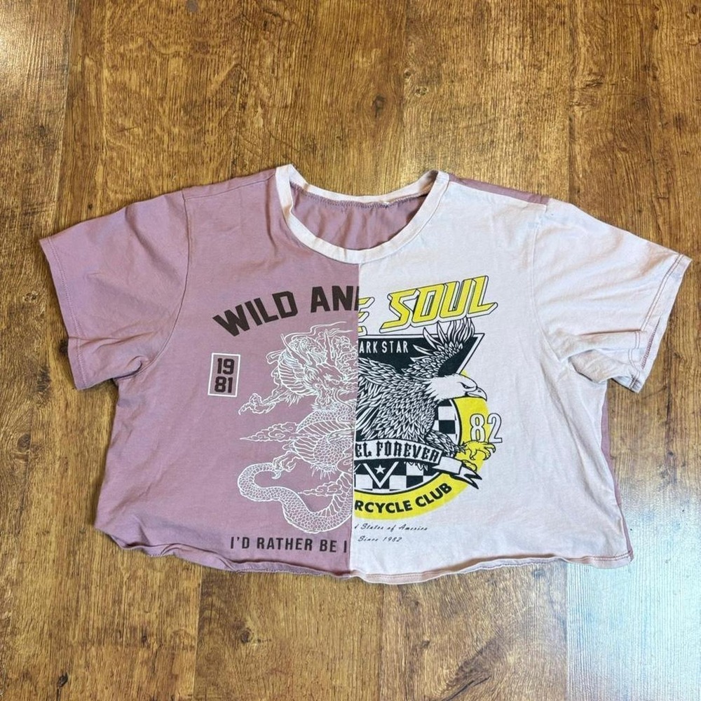 Two Tone Split Graphic Crop Top Dragon Eagle Motorcycle Purple Mauve Large